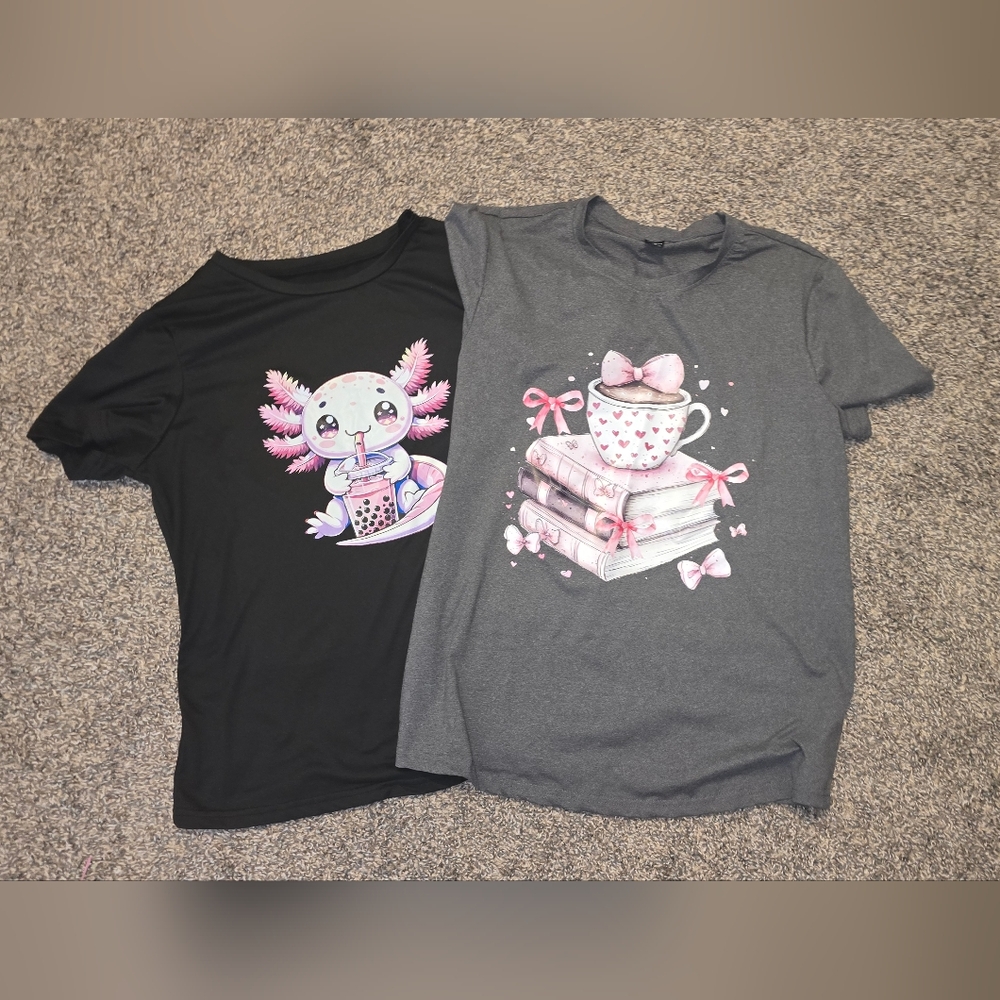 2 Cute AI Image Shirts - Size Lg Womens Tea& Books ☆ Axolotl Drinking Boba